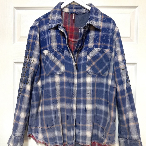 GUC Free People Deconstructed Shirt Plaid Studded Jacket (L) (12-14) - Picture 1 of 7